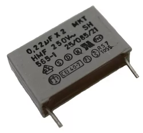مكثف فيلم بوليستر ممعدن Vishay، F17724222000W46 220nF X2 MKT 250VAC ±10% 15mm لكبت التداخل