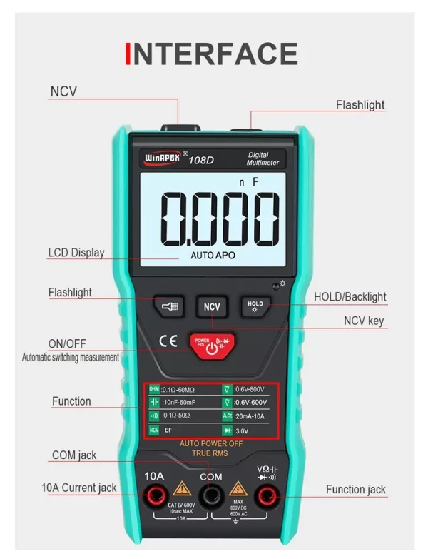 Multimètre Digital WinAPEX 108D True RMS Calibrage automatique
