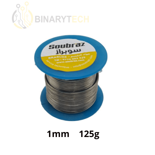 بكرة سلك قصدير لحام من نوع Soubraz (southelec سابقا)، بنسبة قصدير Sn63% ورصاص Pb37%، الوزن 125g وقطر السلك 1mm