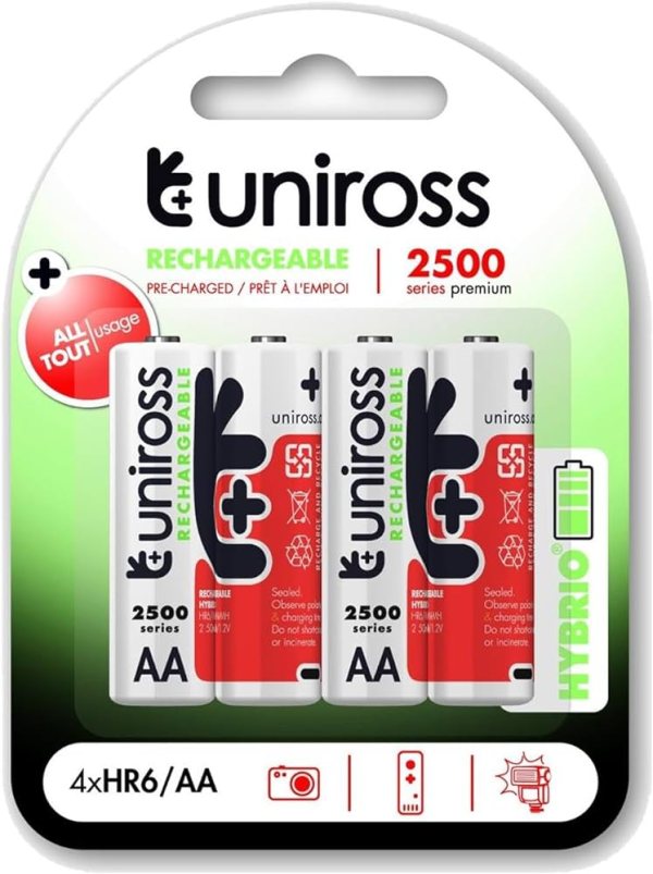 بطارية قابلة للشحن x 4 NI-MH UNIROSS، 1.2V HR6/AA PRECHARGED 2500mAh