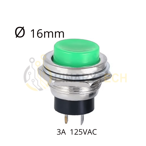مفتاح زر ضغط SPST أخضر 16mm 3A 125VAC