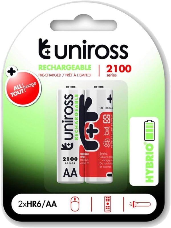 بطارية 2x1.2V قابلة للشحن Ni-Mh UNIROSS، HYBRIO HR6/AA سلسلة 2100 2000mAh