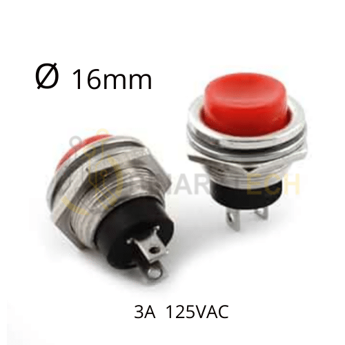 مفتاح زر ضغط SPST أحمر 16mm 3A 125VAC