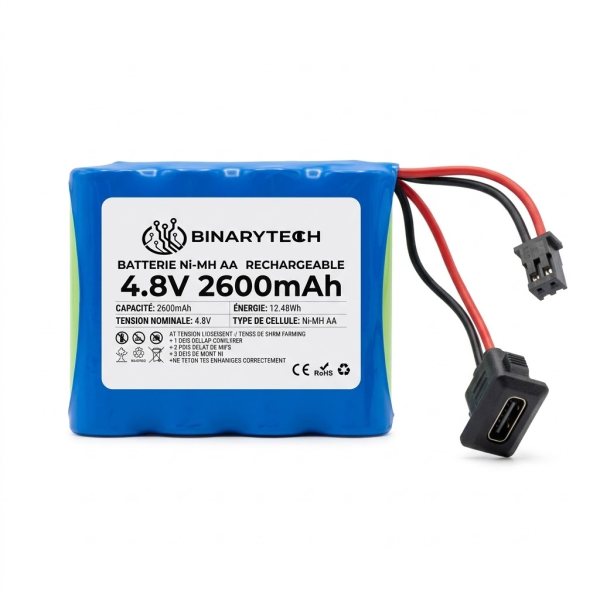 Batterie NI-MH AA Rechargeable 4.8V 2600mAh avec deux poin de charge et décharge (usb type-c + jst sm 2pin) – Binarytech