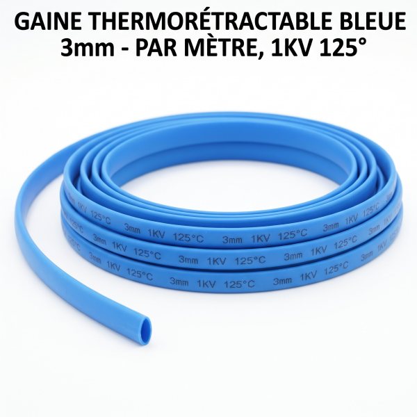 Gaine thermorétractable bleu 3 mm Par Métre , 1KV 125°