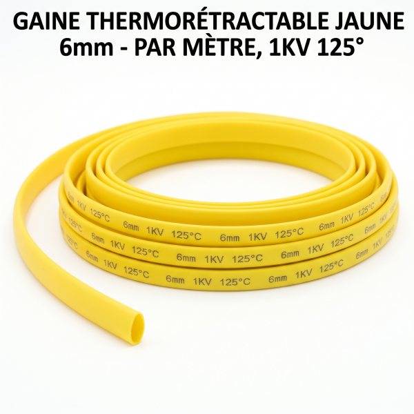 Gaine thermorétractable jaune 6 mm Par Métre , 1KV 125°